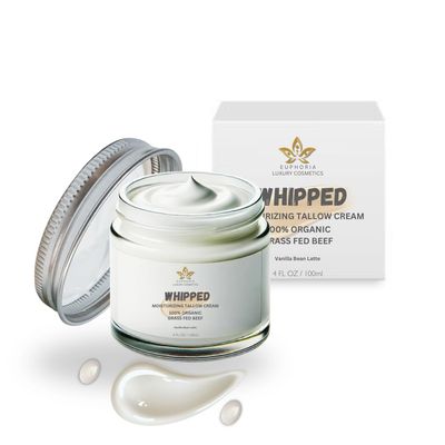 Euphoria Luxury Cosmetics Beef Tallow for Skin Care -100 Grass Fed- Whipped Moisturizer for Face and Body - 100 Natural Lotion for Sensitive Skin Vanilla Bean Latte - 4 FL. oz.
