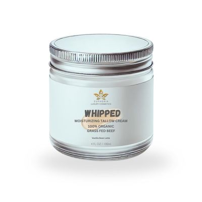 Euphoria Luxury Cosmetics Beef Tallow for Skin Care -100 Grass Fed- Whipped Moisturizer for Face and Body - 100 Natural Lotion for Sensitive Skin Vanilla Bean Latte - 4 FL. oz.