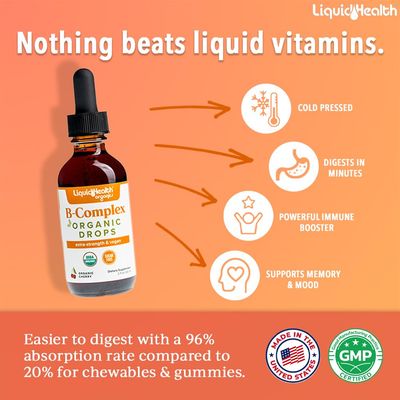 LIQUIDHEALTH Organic Vitamin B Complex for Men Women - Natural Energy, Improved Focus, Memory Mood, Immune System Support, Metabolism Boost - Extra Strength Drops, Sugar Free, Vegan (2 oz)