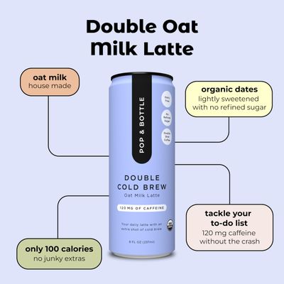 Pop Bottle Oat Milk Lattes - Organic Cold Brew Coffee Cans, Double Shot, Canned Iced Coffee, 120 mg Caffeine, Dairy Free, Gluten Free, Naturally Sweetened - Double Cold Brew, 8 fl oz (12 Pack)