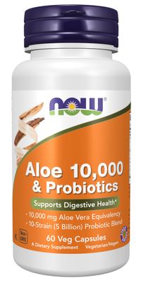NOW Foods Supplements, Aloe 10,000 Probiotics with 10-Strain (5 Billion) Probiotic Blend, 60 Veg Capsules