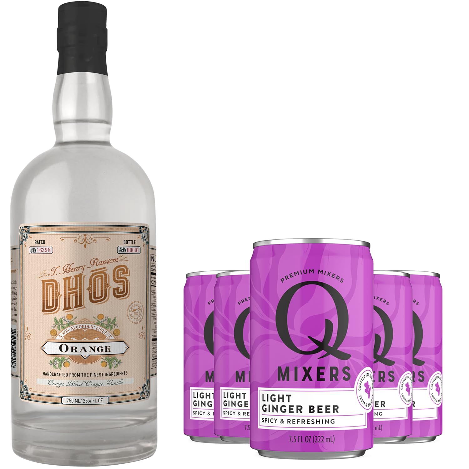 Dhos Handcrafted Non-Alcoholic Orange w 5 Pack Q Mixers Light Ginger Beer - Keto-Friendly, Zero Sugar, Zero Calories, Zero Proof - 750 ML - Perfect for Mocktails - Made in USA