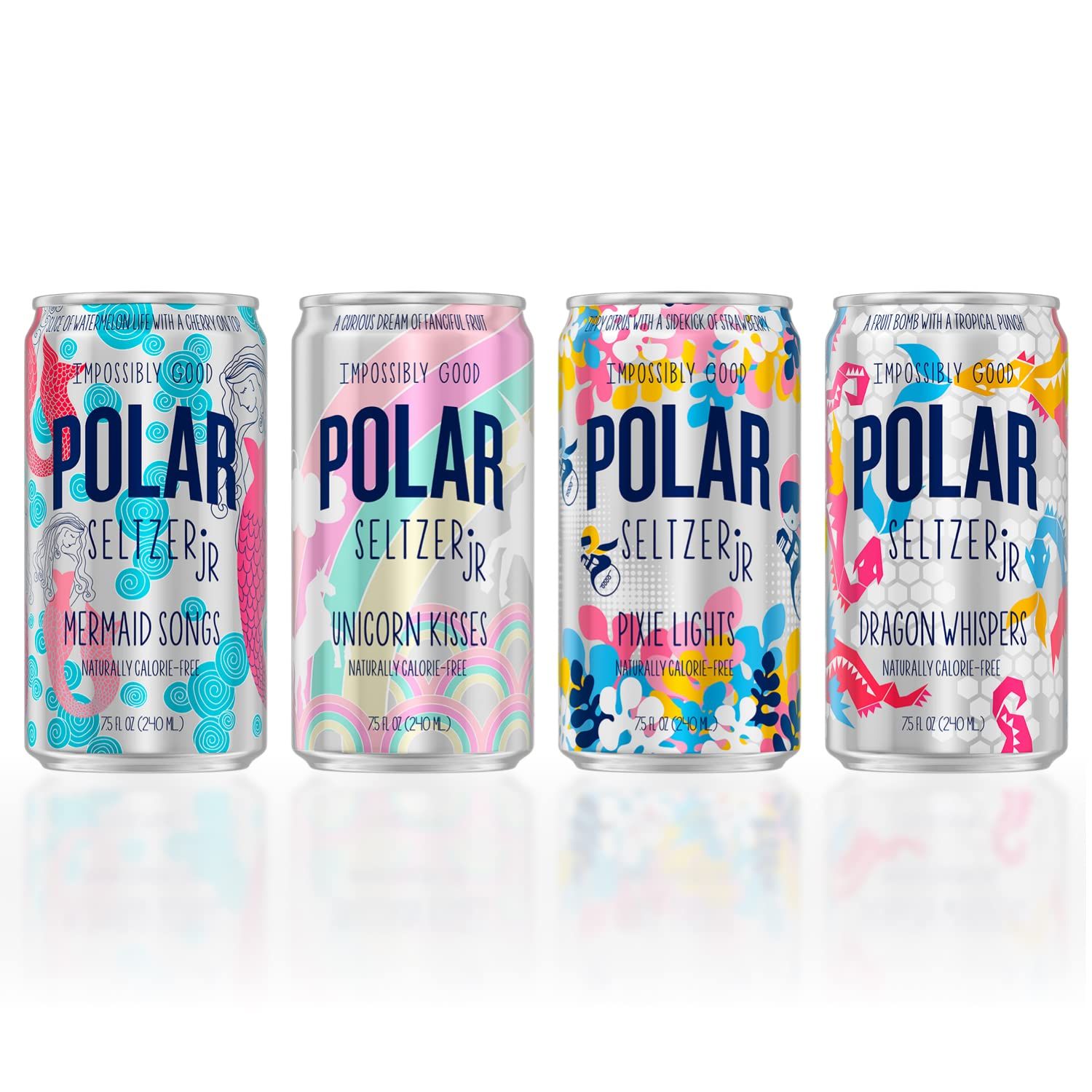 POLAR 100 Natural Seltzer Jr 24 ct Variety Pack The Impossibly Good Collection (Unicorn Kisses, Pixie Lights, Mermaid Songs, Dragon Whispers)