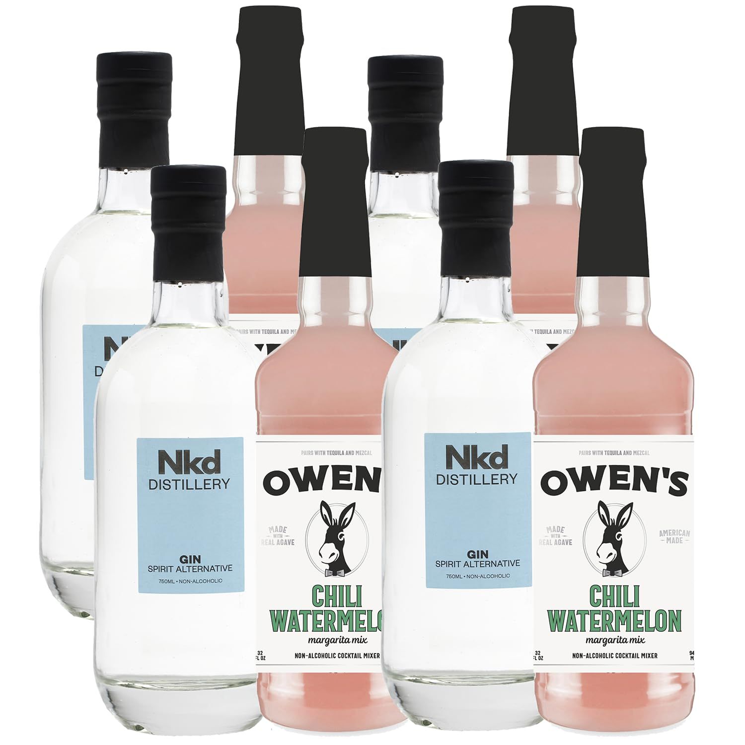 Nkd Distillery Gin Alternative Premium Non-Alcoholic Spirit 750 ML Bottles w Owen s Mixers Cherry Lemonade 32 OZ Bottles - Perfect for Mocktails - Made in USA