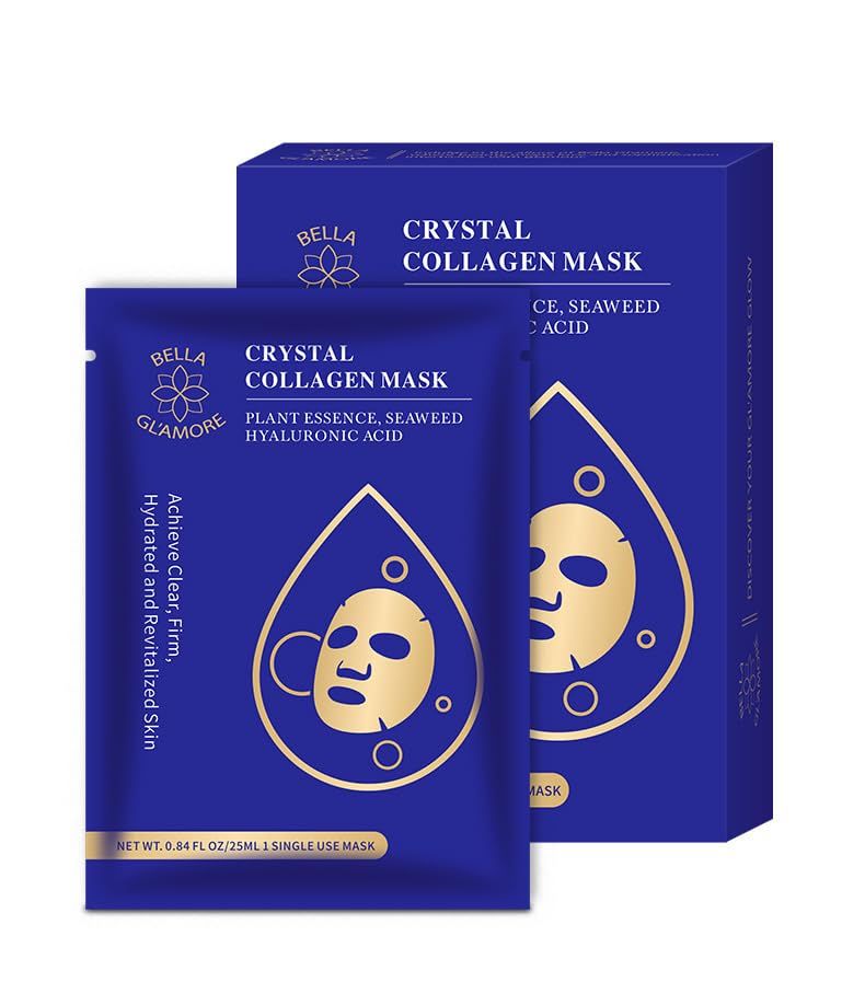 Bella Gl&#39;amore Crystal Collagen Beauty Facial Mask, Facial Spa Mask, Plant Essence, Seaweed, Hyaluronic Acid, Hydrating, Moisturizing, Revitalizing, Anti-Aging, 10-Pack