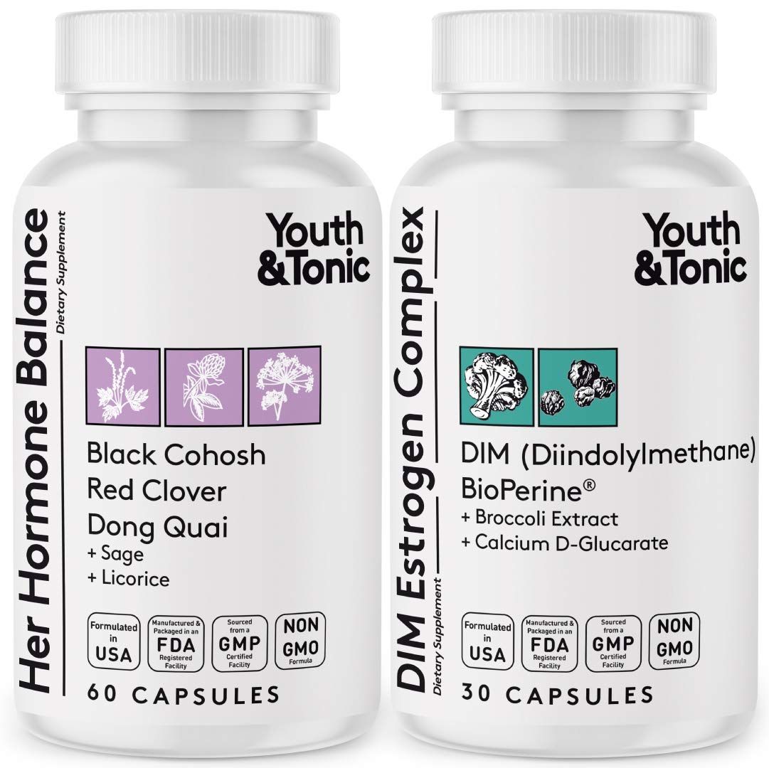 Youth Tonic Menopause PMS Support for Women Through Balanced Estrogen Metabolism - 90 Pills with DIM Black Cohosh Red Clover Dong Quai Soy Isoflavones