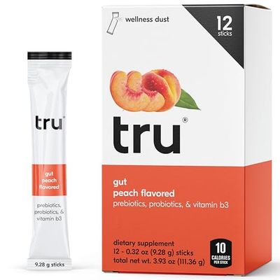 Tru Gut Powder, Prebiotics and Probiotics Supplement with Vitamin B3, Peach Flavored Gut Health Dust, Caffeine Free, Kosher, Gluten Free, Vegan, Low Calories, Zero Sugar (Pack of 12)