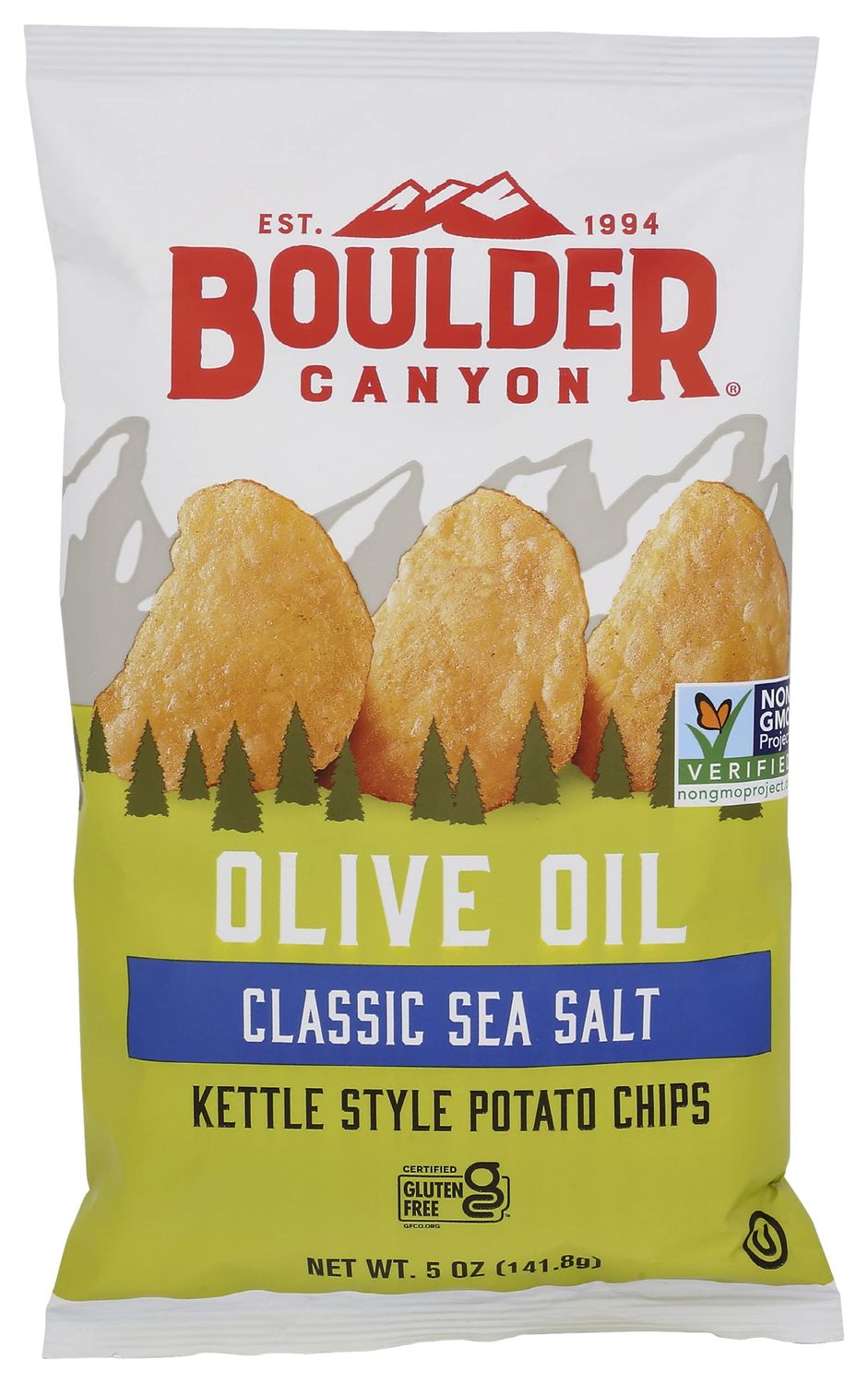 Boulder Canyon Classic Sea Salt Made With Olive Oil Kettle Style Potato Chips, Gluten Free, 5 Ounces (Pack Of 12)