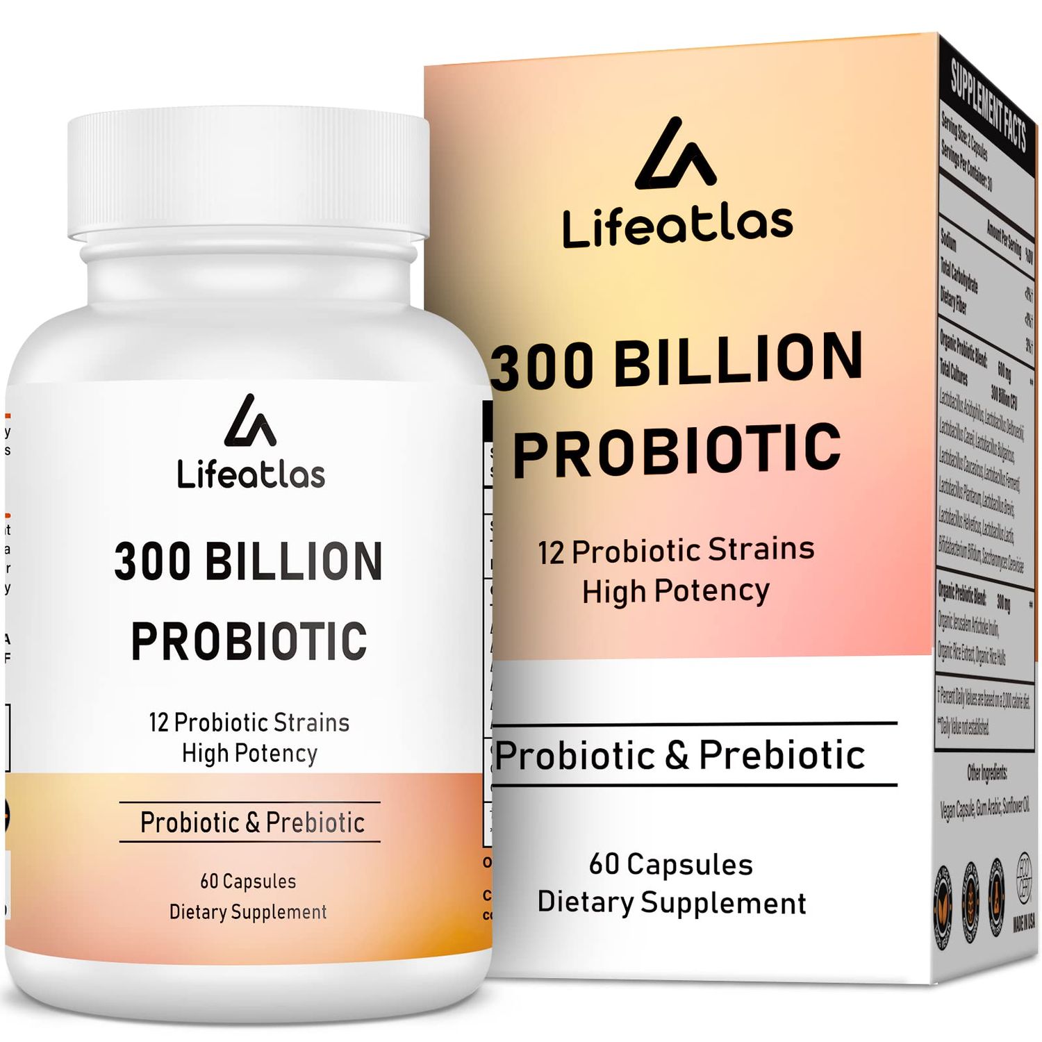 300 Billion CFU Probiotics - Probiotics for Women and Men, 12 Probiotic Strains Plus Prebiotic, for Immune Digestive, Gut Health, Gas Bloating, Shelf Stable - 60 Caps