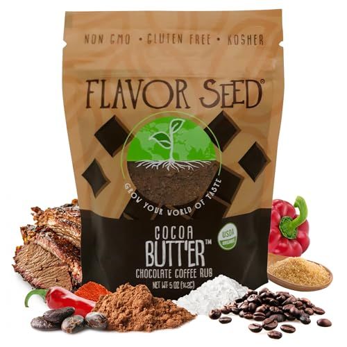 Flavor Seed Cocoa Butt&#39;Er Organic Chocolate Coffee Brisket Rub Butt Rub Seasoning. Gourmet Spice Mix for Cooking, Grilling BBQ. Preservative Free, Non GMO, 5 oz Resealable Pouch