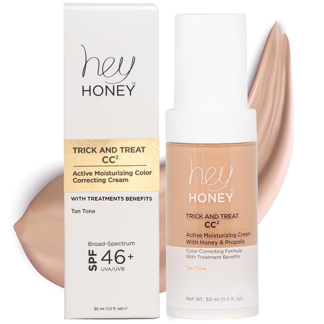 Hey Honey Trick and Treat CC Cream SPF 46 Active Moisturizing Color Correcting Cream with Honey Propolis Best Cover For Rosacea, Skin Redness Mature Skin 1 oz (Tan Tone)