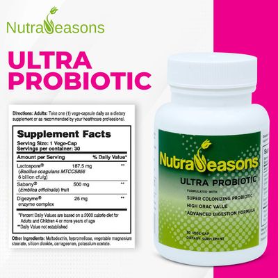 Ultra Probiotic Complex with Bacillus coagulans, Digestive Multi enzymes, Prebiotic Berries Organic, Non GMO 30 Veg Caps