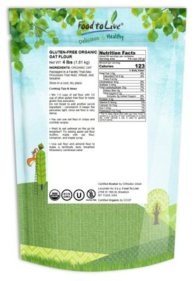 Food to Live Gluten-Free Organic Oat Flour, 4 Pounds - Stone Ground from Whole Grain Oat Berries, Great for Baking Pancakes, Muffins, Waffles, Bread