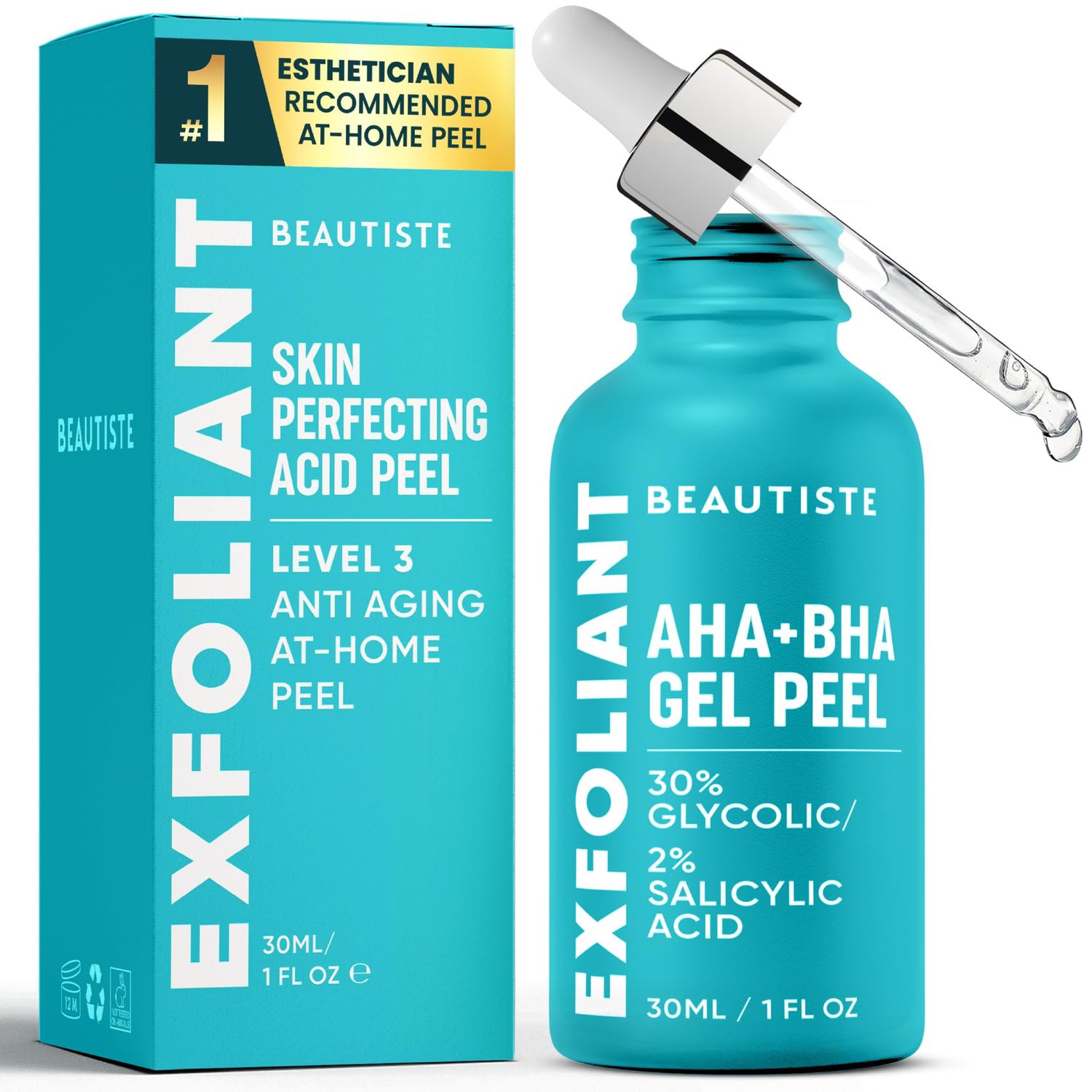 Beautiste 30 DAY MIRACLE AHA 30 BHA 2 Peeling Solution - Clinical Strength Liquid Exfoliant for Dark Spots, Blackheads Clogged Pores - Resurfacing Salicylic Acid Serum Chemical Peel for Face
