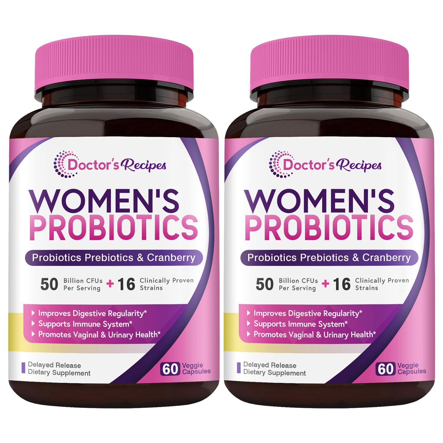 Doctor&#39;s Recipes Women&#39;s Probiotics, 50 Billion CFU 16 Strains, with Organic Prebiotics Cranberry, Shelf Stable, Delayed Release, 120 Capsules (Pack of 2), 60 Day Supply