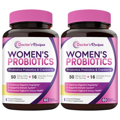 Doctor&#39;s Recipes Women&#39;s Probiotics, 50 Billion CFU 16 Strains, with Organic Prebiotics Cranberry, Shelf Stable, Delayed Release, 120 Capsules (Pack of 2), 60 Day Supply