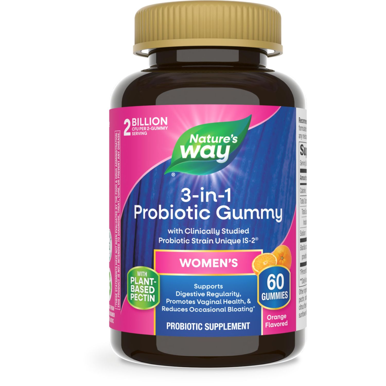 Nature&#39;s Way 3-in-1 Women s Probiotic Gummies, Reduces Occasional Bloating, Supports Digestive Vaginal Health, Clinically Studied Probiotic Strain, Gluten Free, Orange Flavored, 60 Gummies