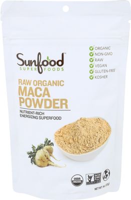 Sunfood Organic Maca Powder - Maca Root Powder, Maca Powder Organic, Maca Supplement for Men Women with Adaptogens, Peruvian, Raw, Vegan, Premium Maca Powder - 4 Oz Bag