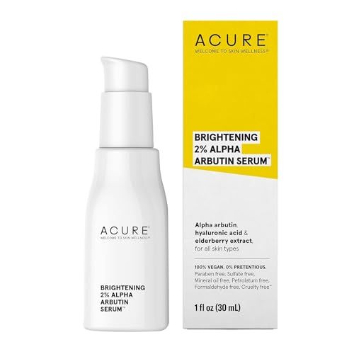 Acure Brightening 2 Alpha Arbutin Serum - Brighter Skin, Improve Dark Spots Uneven Tone - 100 Vegan with Alpha Arbutin, Hyaluronic Acid Elderberry Extract - Skincare For All Skin Types - 1 Fl Oz