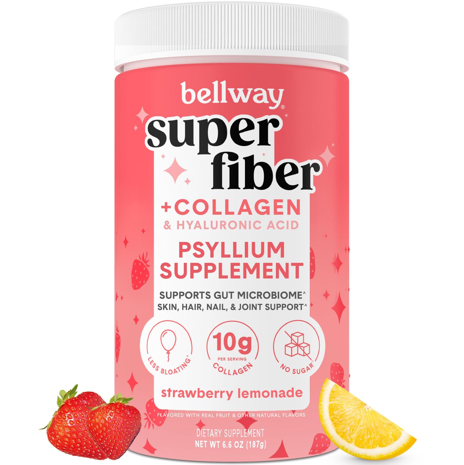Bellway Super Fiber Powder Collagen, Sugar-Free Psyllium Husk Powder with Collagen Peptides and Hyaluronic Acid for Gut Health, Healthy Skin, Nails, Bones Joints, Strawberry Lemonade (11 Servings)