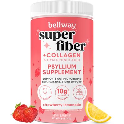 Bellway Super Fiber Powder Collagen, Sugar-Free Psyllium Husk Powder with Collagen Peptides and Hyaluronic Acid for Gut Health, Healthy Skin, Nails, Bones Joints, Strawberry Lemonade (11 Servings)