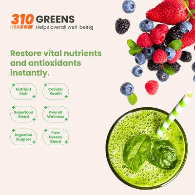 310 Nutrition Organic Superfood Greens Powder - Super Green Powder Supplement with Daily Greens Spirulina, Vegetable Enzymes Antioxidants - Immunity Boost - Mixed Berry, 30 Servings