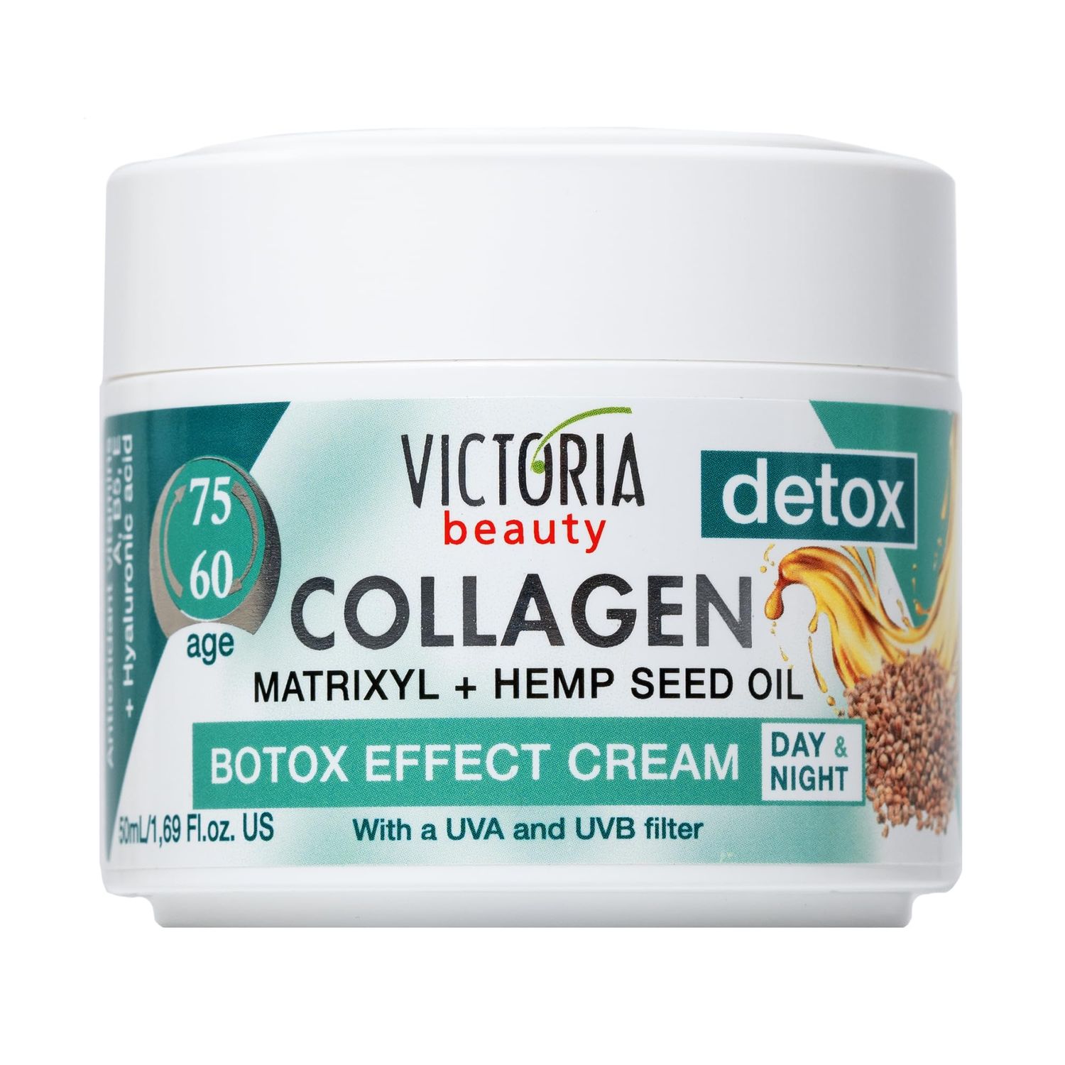 Skin Care Detox Day and NightFace Cream Anti-Aging Moisturiser with Collagen, Hyaluronic Acid, Matrixyl 3000, Hemp Seed Oil, and a UVAUVB Filter for Ages 60-75, 50 ml