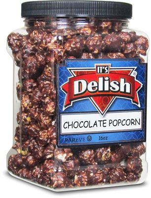 Gourmet Chocolate Popcorn by Its Delish, 16 OZ Jumbo Container - Festive Caramel Corn Air Popped Sweet and Crunchy Glazed Carmel Corn Snack, Movie Night, Parties, Events - Gluten Free, Vegan, Kosher