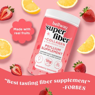Bellway Super Fiber Powder Collagen, Sugar-Free Psyllium Husk Powder with Collagen Peptides and Hyaluronic Acid for Gut Health, Healthy Skin, Nails, Bones Joints, Strawberry Lemonade (11 Servings)