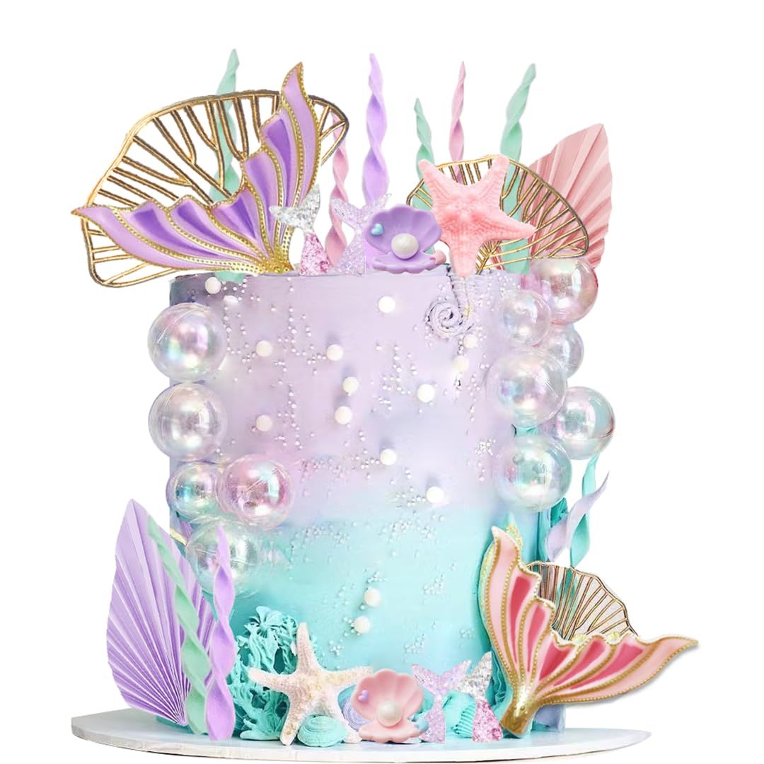 Mermaid Cake Topper Big Mermaid Tails Seaweed Bubbles Shells and Golden Ginkgo Leaves Cake Set for Mermaid Under the sea Cake Decor