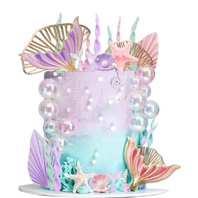 Mermaid Cake Topper Big Mermaid Tails Seaweed Bubbles Shells and Golden Ginkgo Leaves Cake Set for Mermaid Under the sea Cake Decor