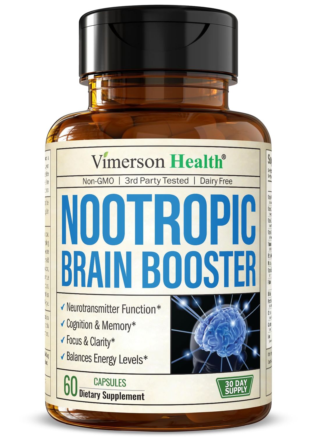 Nootropics Brain Support Supplement - Nootropic Brain Booster for Improved Focus, Concentration Memory. Brain Nootropic for Brain Health, Mood Energy Support. Non-GMO. Made in the USA. 60 Capsules