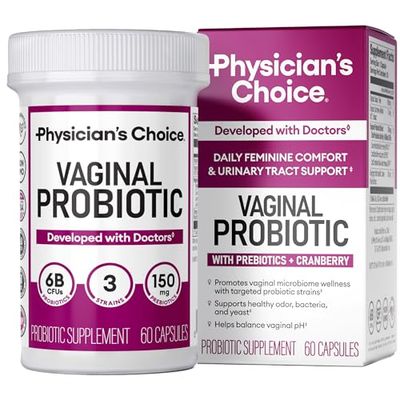 Physician&#39;s CHOICE Vaginal Probiotics for Women - pH Balance, Odor Control, Yeast Balance, Vaginal Flora Feminine Health - 6B CFU with Organic Prebiotics and Cranberry Extract - 60 CT
