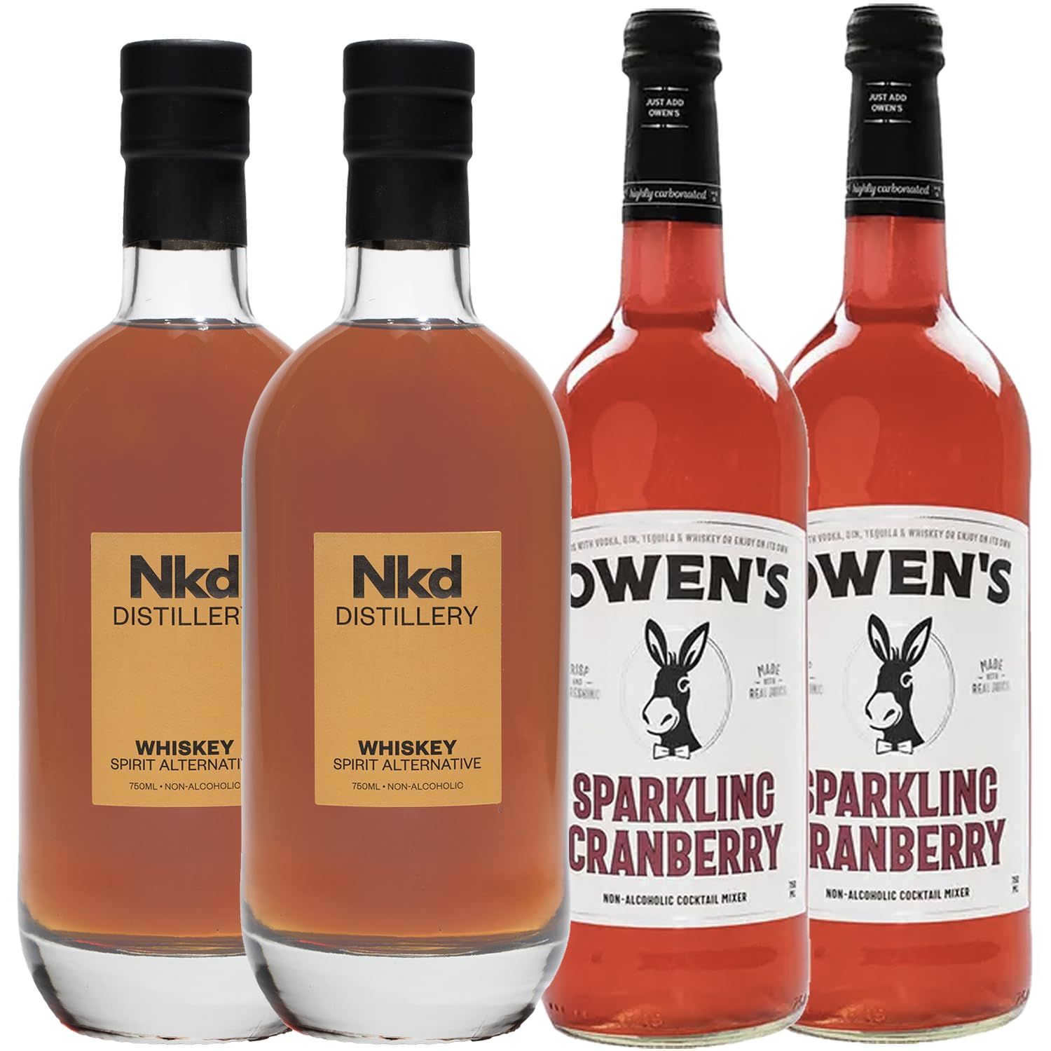 Nkd Distillery Whiskey Alternative Premium Non-Alcoholic Spirit 750 ML Bottles w Owen s Mixers Sparkling Cranberry 750 ML Bottles - Perfect for Mocktails - Made in USA