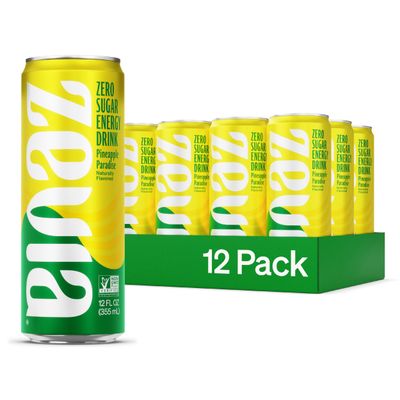 Zevia Zero Sugar Energy Drink, Pineapple Paradise, 12 oz Cans (12-Pack) - Naturally Sweetened, Non-GMO Project Verified, Gluten-Free, Vegan