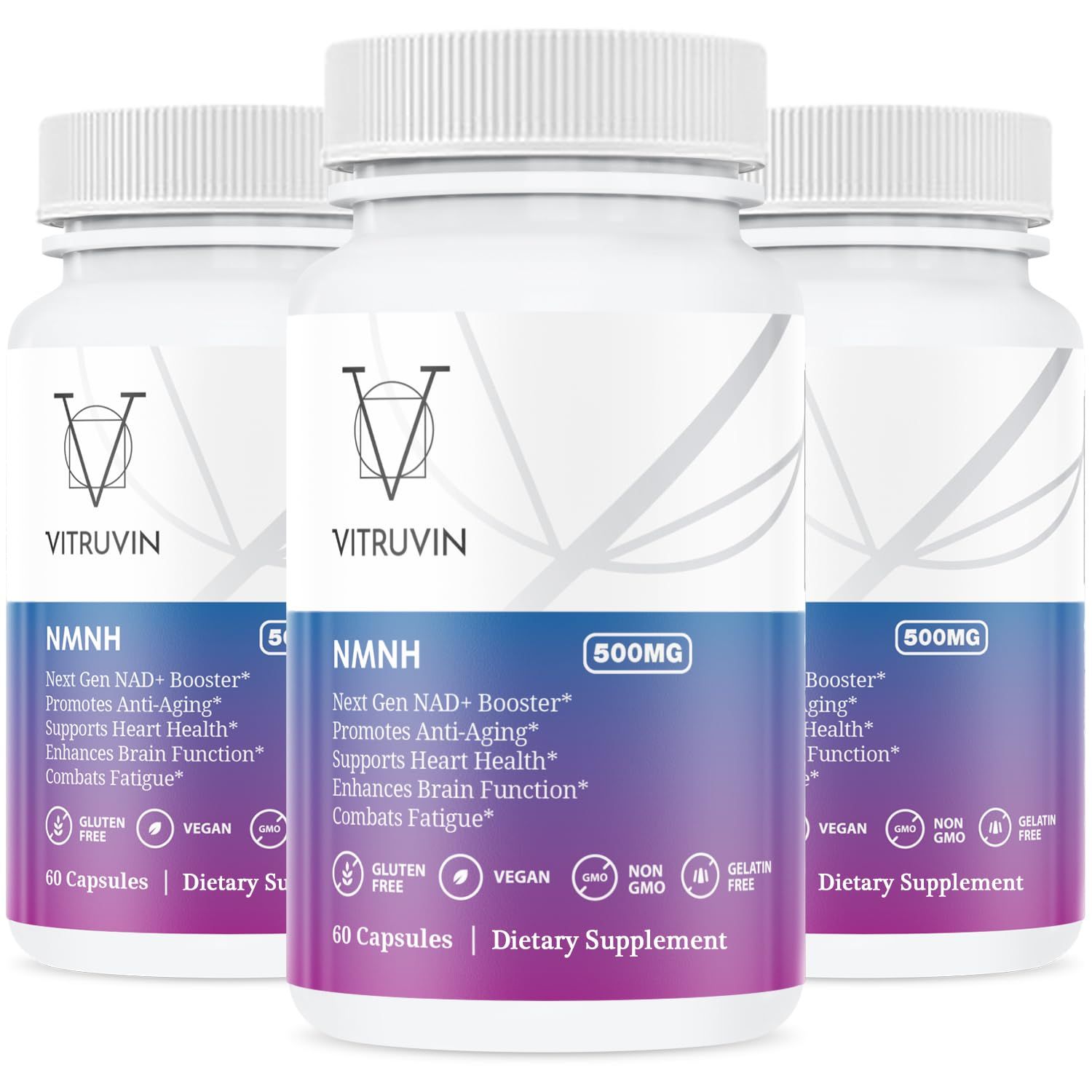 VITRUVIN NMNH 500mg Ultra-absorbable, 3 Bottles Pack, Vegan, Non-GMO, Gluten-Free, Gelatin-Free