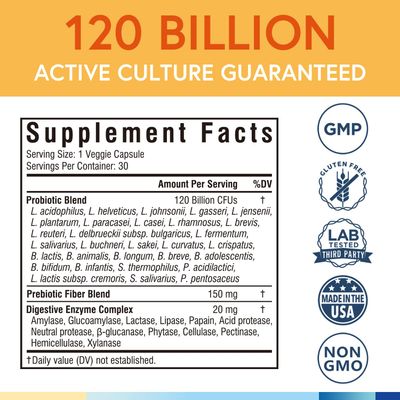Terranics Probiotics 120 Billion with Prebiotics Digestive Enzymes, 30 Tested Strains, Complete Digestion Immune Support, Non-GMO, NO Soy, Dairy Gluten, for Men and Women, 30 Veggie Capsules