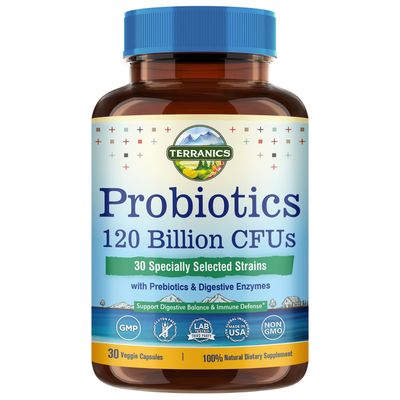 Terranics Probiotics 120 Billion with Prebiotics Digestive Enzymes, 30 Tested Strains, Complete Digestion Immune Support, Non-GMO, NO Soy, Dairy Gluten, for Men and Women, 30 Veggie Capsules