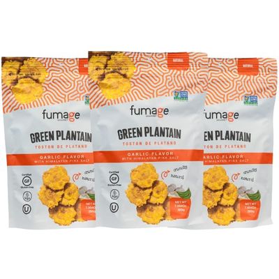 3-Pack of FUMAGE Green Plantain Chips Garlic Flavor: Seasoned with Himalayan Pink Salt. Certified ORGANIC, Vegan, Gluten-Free, Cholesterol-Free, Kosher, and Non-GMO Verified