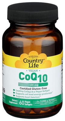 Country Life Simply CoQ10, Supports Heart Function, 100mg, 60 Softgels, Certified Gluten Free, Certified Vegan