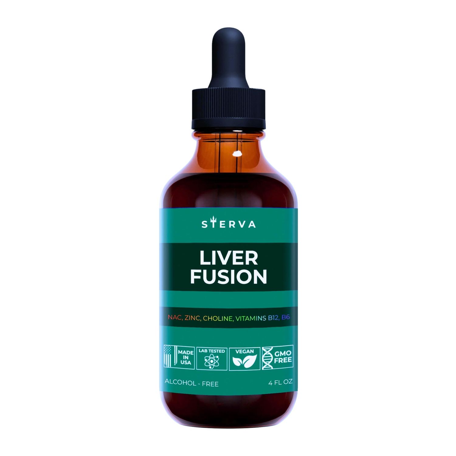 STERVA Liver Fusion Liquid Supplement - NAC, Choline, Zinc, Vitamins B12, B6 - Milk Thistle, Dandelion Tincture - Liver Detox and Repair - Silymarin Supplement - Drops - (4 Fl Oz)