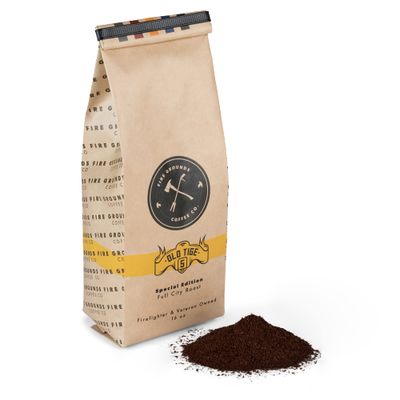 Fire Grounds Coffee Co. Old Tige 5, Full City Dark Medium Roast, Artisanal Ground, Air Roasted, Small Batch, Chocolate Caramel Almond Flavor Blend, 16 oz Bag