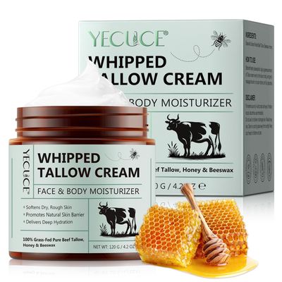 Beef Tallow for Skin 4.2 Oz, Tallow and Honey Balm for Face Body, Tallow Face Moisturizer, Organic Grass-Fed Whipped Tallow Balm with Raw Honey, Deep Hydration, Soothes Dryness, Repairs Skin Barrier