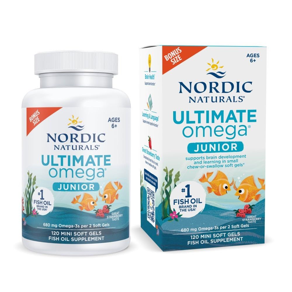 Nordic Naturals Ultimate Omega Jr., Strawberry - 120 Mini Soft Gels - 680 Total Omega-3s with EPA DHA - Brain Health, Mood, Learning - Non-GMO - 60 Servings