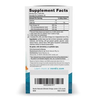 Nordic Naturals Ultimate Omega Jr., Strawberry - 120 Mini Soft Gels - 680 Total Omega-3s with EPA DHA - Brain Health, Mood, Learning - Non-GMO - 60 Servings
