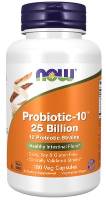 NOW Foods, Probiotic-10 , 25 Billion, with 10 Probiotic Strains, Dairy, Soy and Gluten Free, Strain Verified, 180 Veg Capsules