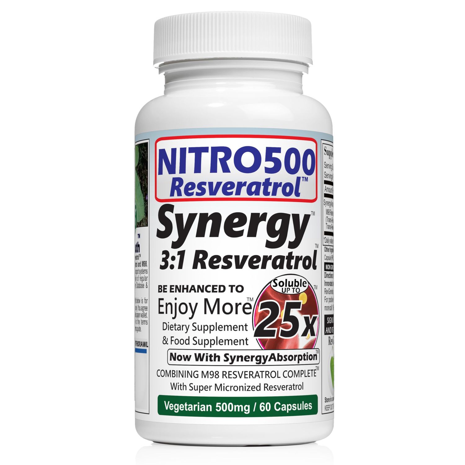 Nitro Synergy Resveratrol (Nitro500) with Up to 25x Solubility - 60 Vegetarian Capsules - 30 Servings - 500 mg per Serving