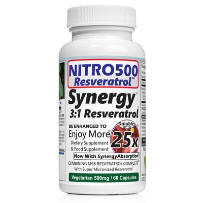 Nitro Synergy Resveratrol (Nitro500) with Up to 25x Solubility - 60 Vegetarian Capsules - 30 Servings - 500 mg per Serving