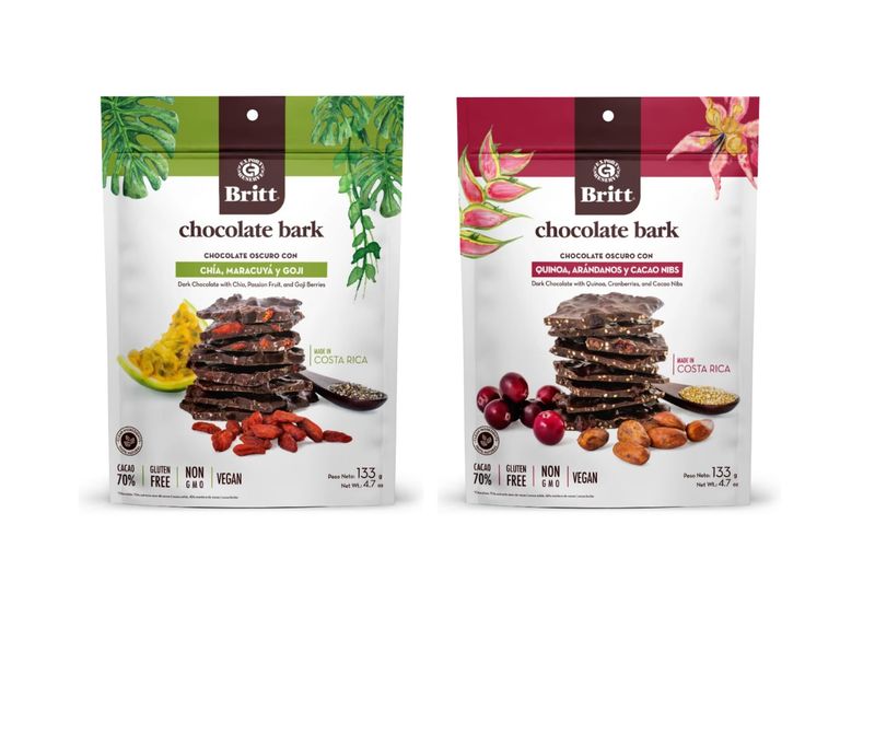 Britt Dark Chocolate Bark 2-Pack - 70 Cacao with Chia, Passion Fruit Goji Quinoa, Cranberries Cacao Nibs - Vegan, Gluten-Free, Non-GMO - Gourmet Snack Made in Costa Rica - 4.7 oz Each