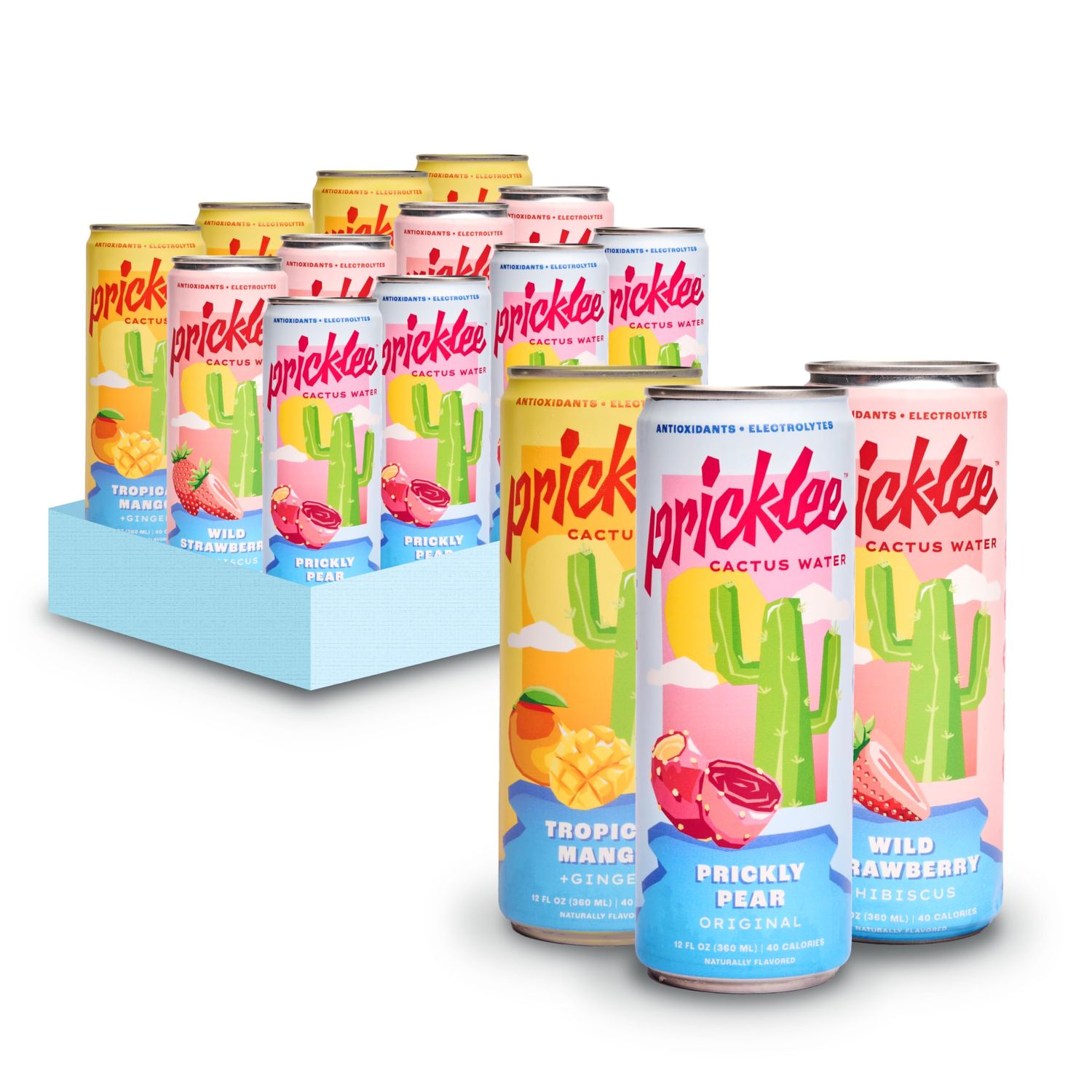 Pricklee Cactus Water Variety 12 Pack - Made From Prickly Pear - Added Natural Antioxidants Electrolytes For Hydration, Immunity, Recovery - 3 Flavors Non-Bubbly, Low-Sugar, No Caffeine 35 Cals